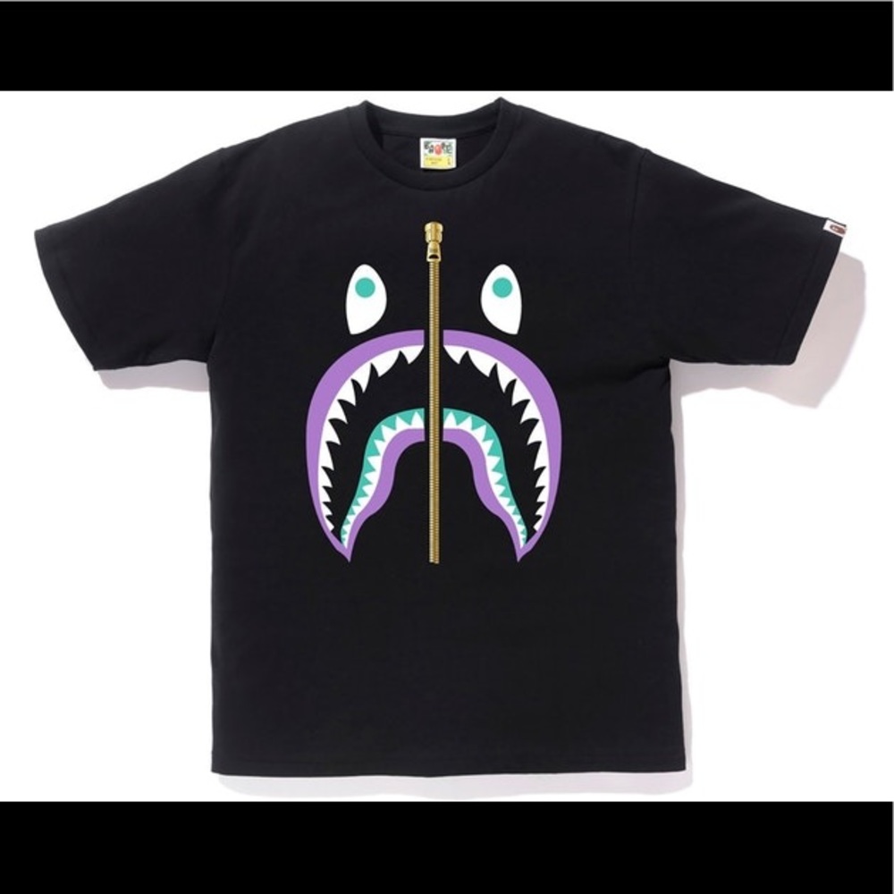 NWT BAPE Colors Gold Zip Shark Tee (SS19) Black